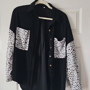 Black Button-Front Shirt Jacket with White Leopard Print Panels